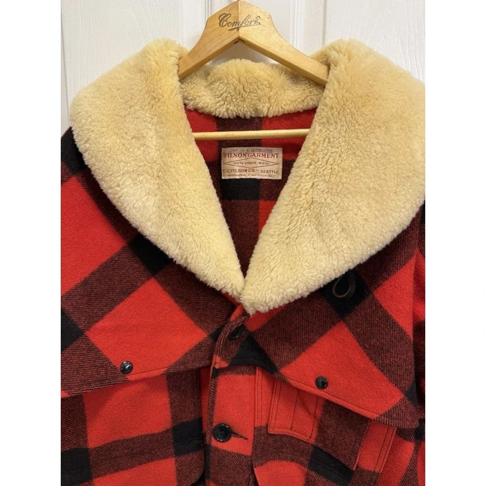 VTG CC Filson Mackinaw Wool Packer Coat Men's 48 Red Buffalo Plaid Shearling USA - Picture 2 of 16